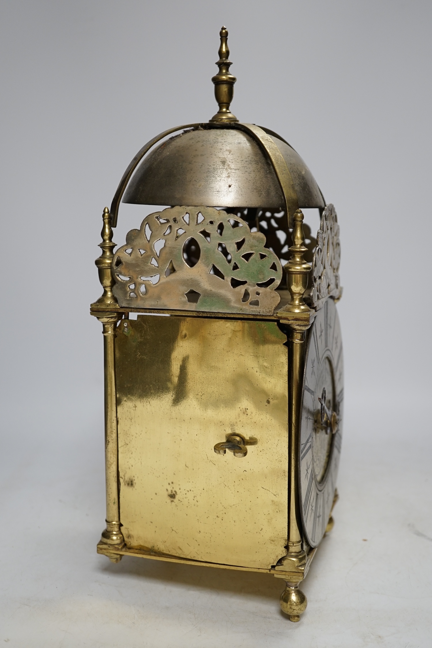 A late 19th century lantern clock with fusee movement, 37cm high. Condition - fair, not tested